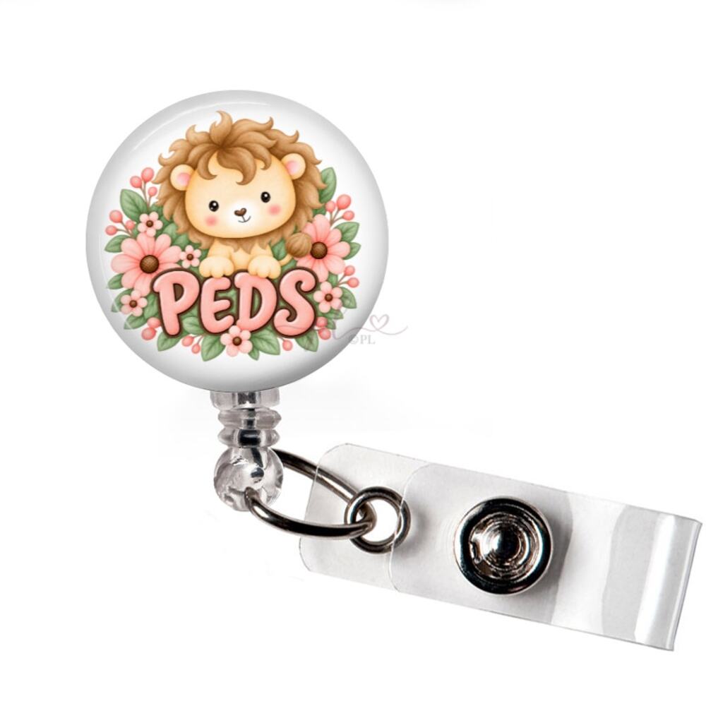 PEDS Nurse Badge Reel Pediatric Nurse RN Cute Lion Floral ID Holder Gift